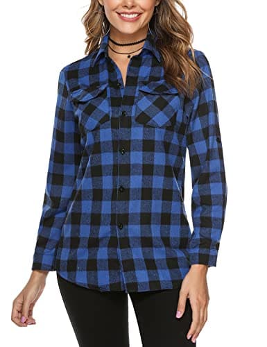 Image of Totatuit Flannel Checked Shirts Womens Classic Long Sleeve Plaid Shirt Blouse V Neck Button Down Ladies Checked Shirt with Pocket Deep Blue