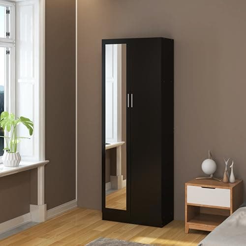 Image of Wooden 2 Door Mirrored Wardrobe with Hanging Rail Modern Clothes Storage Cupboards Unit for Bedroom Furniture W 72 x D 47 x H 170 cm (Black)
