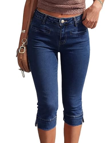 Image of Fengbay Capri Jeans for Women UK Skinny Stretchy Low Waisted Slim Split Hem Casual Ladies Denim Cropped Pants with Pockets Trendy