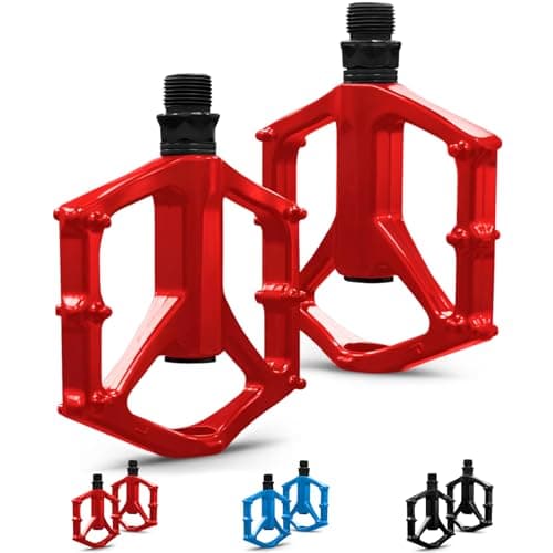 Image of RainFlowwer Mountain Bike Pedals, Road MTB Flat Pedals, Non-Slip Lightweight Aluminum Alloy Bicycle Pedals, Fits 9/16" Road Mountain BMX MTB Bike Pedal (Red)