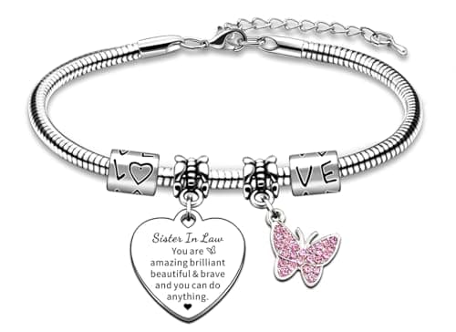 Image of AMZQ Sister In Law Bracelet Inspirational Charm Pink Butterfly Gifts Sister In Law Christmas Birthday Gift You Are Amazing Brilliant Beautiful & Brave And You Can Do Anything…