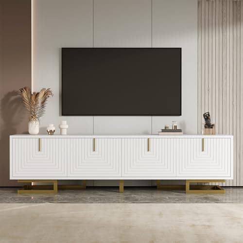 Image of Merax TV Stand Cabinet, White TV Unit Storage Cabinet with 4 Doors, Textured Doors Design, Stabilizing Golden Handles and Golden Legs, 160 x 38 x 44.5 cm