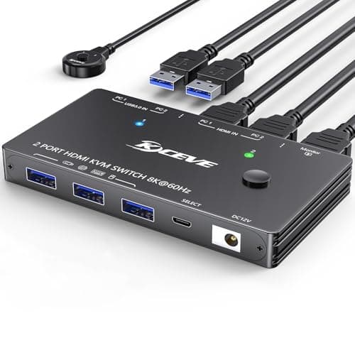 Image of KVM Switch 1 Monitors 2 Computers HDMI 8K@60Hz, 2 Port USB 3.0 KVM Switches for 2 computers share Keyboard/Mouse/Hard Drives/Printer and 1 Monitor, with Wired Remote, USB3.0 Cable and Power Adapter