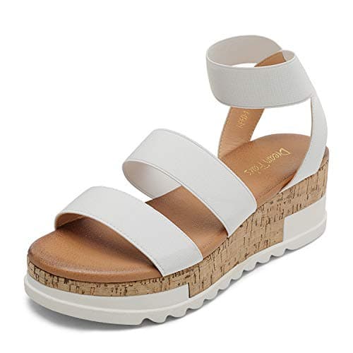 Image of DREAM PAIRS Womens Elastic Strappy Wedge Sandals Platform Open Toe Summer Beach Low Wedges Shoes,Size 8,White,Reed-1
