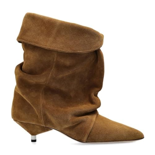 Image of Kapxumo Women's Suede Ankle Boots Kitten Heel Pointed Toe Slouchy Fold Boots Slip On Causal Winter Cowboy Short Booties Ladies, Brown, 6 UK