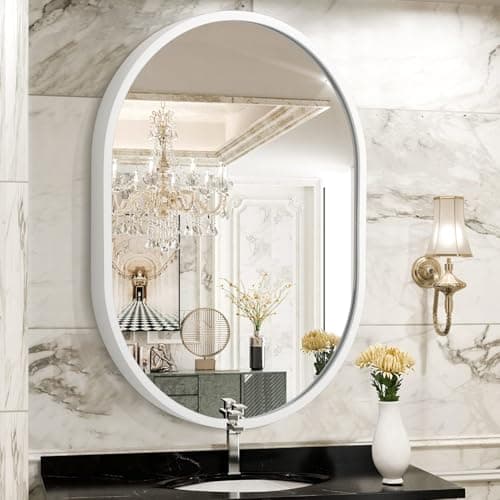 Image of JJUUYOU Oval Bathroom Mirror Metal Frame Mirrors for Wall Mounted 40×30 CM Small White Aluminum Alloy Mirror Decorative for Living Room Bedroom Entryway Halls Vertical Hanging Mirrors