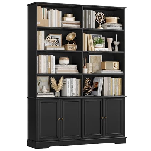 Image of FirFurd 185 cm Bookcase with Doors, Bookcase with 12 Compartments, Wooden Display Cabinet, Tall Cabinet Shelf with Doors for Living Room, Study, Office, Kitchen, 185 x 27 x 120 cm, Black