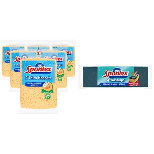 Image of Spontex Thick Moppets, 6 Packs of 2 (Total 12 Sponges) & Washups General Purpose Sponge Scourers, Pack of 4