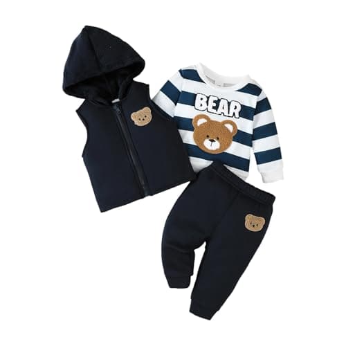 Image of Geagodelia Toddler Baby Boy Fall Winter Clothes Outfit Long Sleeve Bear Embroidery Sweatshirt Jumper Top Zip Up Hooded Vest Pants Trouser Clothing Set (Black, 9-12 Months)
