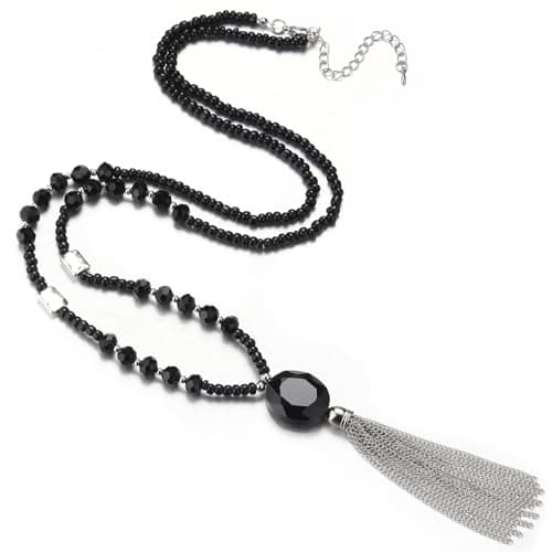 Image of BULINLIN Beaded Long Necklaces for Women Chunky Crystal Bead Pendant Necklace with Silver Tassel Birthday Gifts for Her Vintage Costume Jewellery(Black)