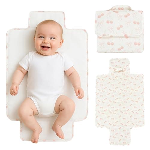 Image of Baby Changing Mat – Portable Foldable Waterproof Travel Changing Pad (Pink Bow/Cherry Changing Mat)