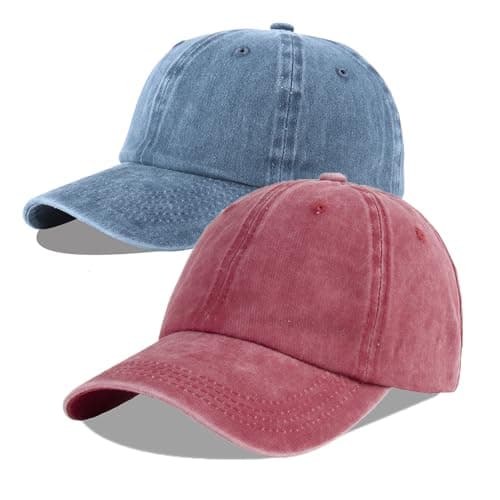 Image of LANGZHEN Unisex Baseball Cap 100% Cotton Fits Men Women Washed Denim Adjustable Dad Hat(Washed-Burgundy+Denim Blue,One Size)