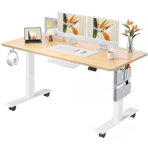 Image of MAIDeSITe Electric Height Adjustable Standing Desk, 140 x 70 cm Sit Stand Desk with Cable Tray, Hook and Storage Pocketse, Stand Up Desk with Memory Controller for Home Office