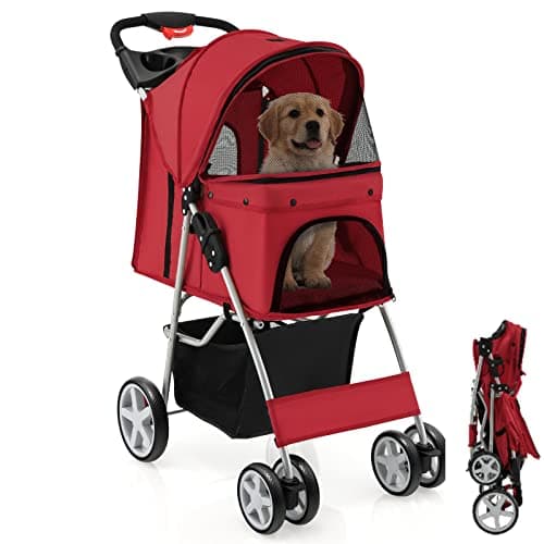 Image of Maxmass Travel Pet Stroller, Foldable Small Medium Sized Dog Cat Trolley with Storage Basket, Safety Belt and Cup Holder, 4 Wheels Puppy Pushchair (Red)