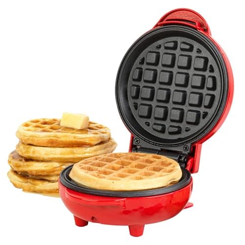 Image of Giles & Posner Waffle Maker - Mini Non-Stick Waffle Iron, Compact, 550W, 2 Minute Preheat, Belgian American Round Waffles, 11.5cm Plates, Easy Clean, One Portion, Sweet Or Savoury Treats, Red