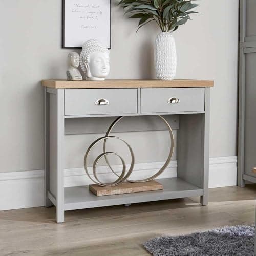 Image of Home Source 2 Drawer Console Side Table Compact Sideboard Storage, Grey, Oak Effect