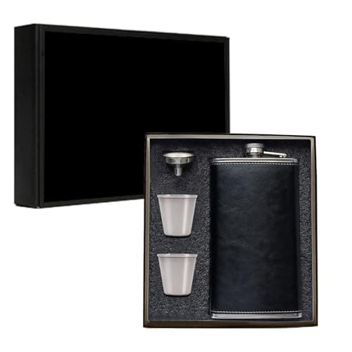Image of Hip Flask for Liquor, Stainless Steel Leather Hip Flask with Funnels, Leak Proof Pocket Whiskey Flask for Men (Black, 12 oz)
