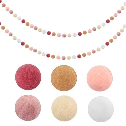 Image of Vyqrx 2 Pcs Pink Pom Pom Garland, Fluffy Felt Pom Poms Bead Garland with Wool Fibers, Handmade, 6.5Ft Each, Sweet Cozy Nursery Classroom Christmas Accents, Fit for Christmas Banner & Home Party Use