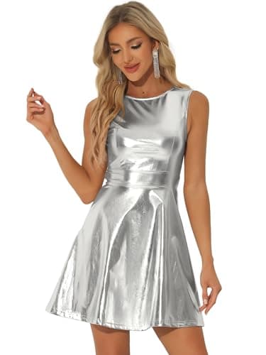 Image of Allegra K Women's Metallic Sleeveless Round Neck High Waist Holographic Flare Dress Shiny Silver M