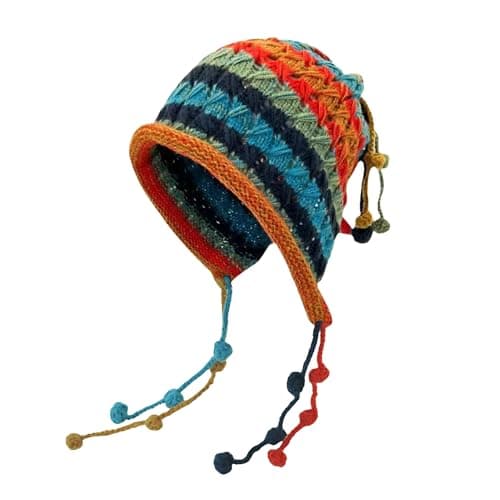 Image of ThiCc Winter Colourful Striped Slouchy Beanie for Women - Rainbow Handmade Crochet Pom Pom Tassel Tie Knit Hat Cozy Winter Warm Cap Trendy Cold Weather Accessory (Red Stripe,One Size)