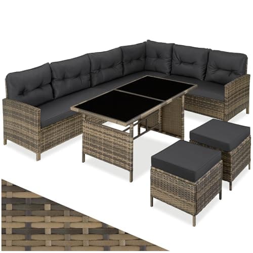 Image of tectake® 8-Seater Rattan Garden Furniture Set - Modular Garden Sofa, Glass-Top Dining Table, 2 Stools & Cushions - Outdoor Furniture Set with UV-Resistant Polyrattan & Steel Frame - Nature