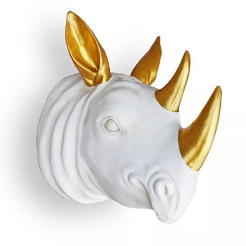 Image of Rhino Head Wall Mount Sculpture, Hanging Rhinoceros Animal Head Ornament Figure Art Décor Resin with Vintage Ivory Gold Finish, Wildlife Indoor Outdoor Decorative Accessories (White Rhino)