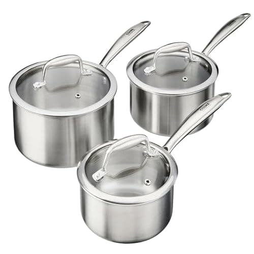 Image of Cooks Professional 3 Piece Tri-Ply Saucepan Set with Tempered Glass Lids | 14, 16 & 18cm Aluminum & Stainless-Steel Cooking Pans | Compatible with All Hobs Inc Induction & Oven Safe
