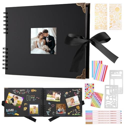 Image of DazSpirit Scrapbook Photo Album - 80 Page DIY Memory Book, Interchangeable Cover, 160 Photo Capacity with Metal Pens, Stickers & Templates - Perfect for Weddings, Travel, Baby Milestones (Black)