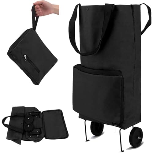 Image of Folding shopping cart, supermarket trolley with two lightweight folding wheels, Oxford cloth bag reusable folding bag large capacity ultra-light handbag travel camping home essential artifact(black)