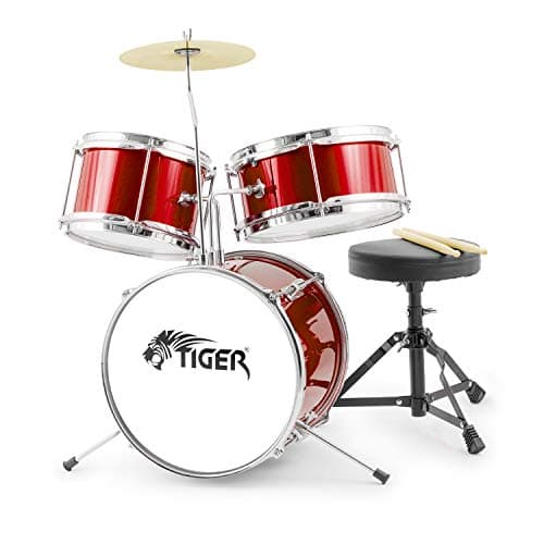Image of TIGER JDS7-RD Junior Kids Drum Kit - 3-Piece Beginners Childrens Drum Set with Snare, Tom, Bass Drum, Bass Drum Pedal, Cymbal, Throne and Sticks - Red