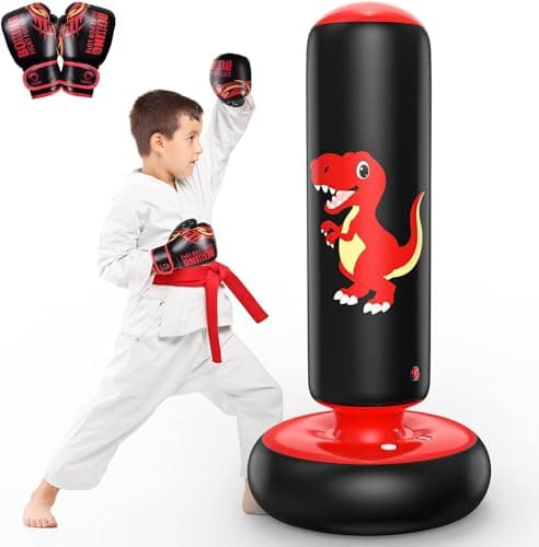 Image of QPAU Inflatable Kids Punching Bag, 48 Inch Stable Boxing Bag with Boxing Gloves, Punch Bag Dinosaur Toy & Gifts for Boys Girls Age 3-6, Kids Set for Practicing Karate, Taekwondo, MMA