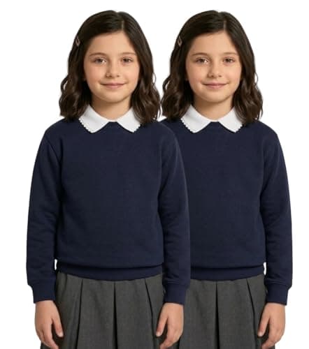 Image of GW CLASSY OUTFIT Pack of 2 Girls Boys Crew Neck Jumpers Kids Unisex Long Sleeve Fleece Sweatshirts School Uniform PE Tops (13-14 Years, 2x Navy Blue)