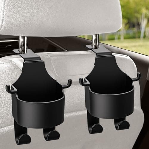 Image of 2 Pack Portable Seat Cup Holder with Hooks, Multi-functional Car Seat Back Hook & Backseat Cup Holder
