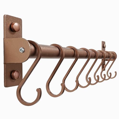 Image of Dseap Kitchen Utensil Holder Hanger, Pot and Pan Rack wall Mounted, Kitchen Rail with 8 Hooks for Hanging Cooking Utensils, Mugs, Spoons, Wall Mounted, Antique Copper New