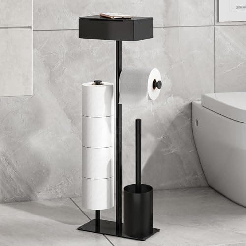 Image of Toilet Roll Holder Free Standing - GUIGUZI Black Stainless Steel Toilet Roll Holder with Toilet Brush, Holds 4 Rolls, Bathroom Toilet Paper Dispenser with wipes box shelf