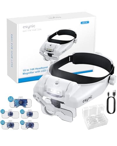Image of eSynic Head Magnifier Professional Headband Magnifying Glasses Rechargeable Head Magnifying Glass with Light 1X to 14X Headband Magnifier With 3 LEDS &5 Detachable Lenses for Craft Work, Reading etc