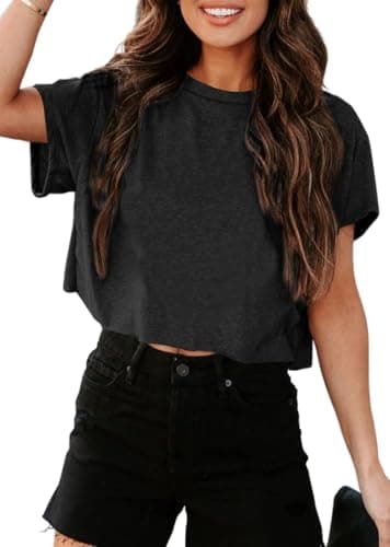 Image of Tankaneo Women's Cropped T-Shirts Crew Neck Sexy Crop Tops Oversized Summer Shirts Basic Loose Tees, Black, S