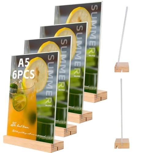 Image of Tel Charme * 6 Pack A5 Acrylic Sign Holder with Wooden Base – Double-Sided Display Stand for Menus, Posters, Wedding & Restaurant – Clear Perspex Table Stand (A5, T-Shape)