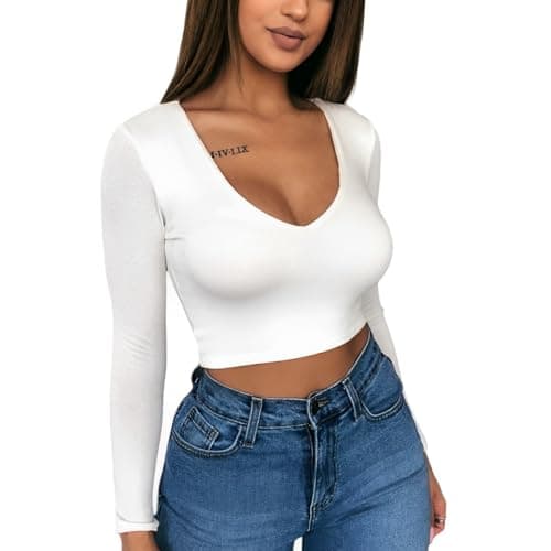 Image of SamHeng Long Sleeve Crop Tops for Women Stretchy T-Shirt Ladies Short Plain Scoop Neck Top Sexy Slim Fit Casual Wear White-L