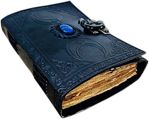 Image of ALCRAFT Handmade Leather journal Lapis Stone Crystal Black Triple Moon - Book Of Shadows, Antique Deckle Edge Paper - Sketchbook, Grimoire, Blank Spell Book, sacred geometry