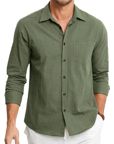 Image of HISDERN Men's Linen Shirts Long Sleeve Button Regular Fit Casual Lightweight Summer Beach Shirt with Pocket Olive Green S