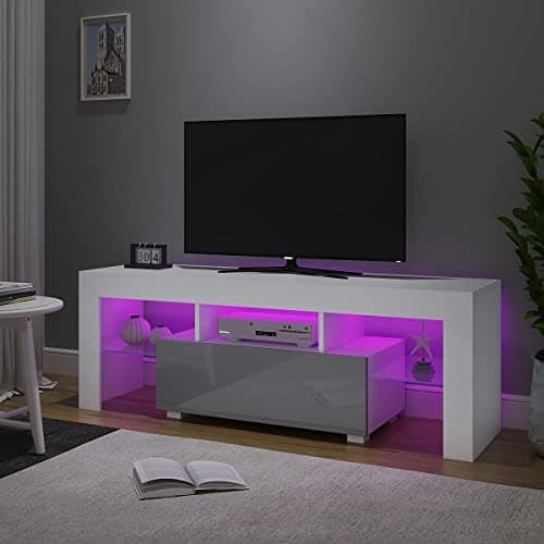 Image of Panana 51inch TV Stand Storage Glass Shelves Big Drawer Sideboard 16 Colors RGB LED Lighted TV Cabinet for 32 40 43 50 55 inch 4k TV (White+Grey, With LED)