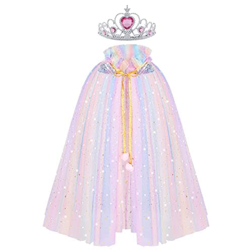Image of ACWOO Princess Cape for Girls, Colorful Princess Cloak with Crown, Princess Fancy Dress Up Sparkling Sequins Tulle Princess Cape Set for Halloween Birthday Party Cosplay