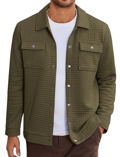 Image of COOFANDY Mens Casual Shirt Jacket Button Down Waffle Jacket Long Sleeve Sweater Jackets Quilted Shacket Overshirt, Army Green, S