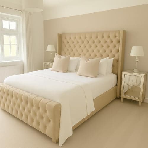 Image of Bespoke Chesterfield Plush Velvet Cannas Wingback Bed - Mattress/Gas Lift Options - UK Made - Double/King/Super King (Beige Plush, King size 5ft Bed Frame)