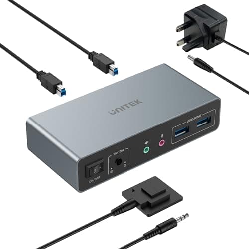 Image of Unitek KVM Switch 2 Monitors 2 Computers 4K@60Hz HDMI+Displayport Dual Monitor KVM Switches 3 USB Ports for Sharing Keyboard Mouse Hard Drives Mic Headset Ports 2 USB-B Cable DC 5V Adapter Controller