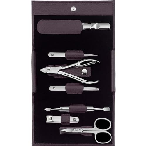 Image of ZWILLING Manicure Set (7 piece, pedicure set, travel case set, nail care, genuine leather), Polished Stainless Steel, Purple