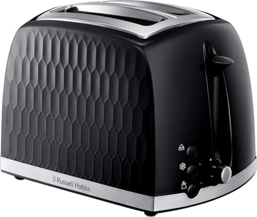 Image of Russell Hobbs Honeycomb 2 Slice Toaster (Extra wide slots, High lift feature, 6 Browning levels, Frozen/Cancel/Reheat function, Removable crumb tray, 850W, Black, Textured high gloss) 26061