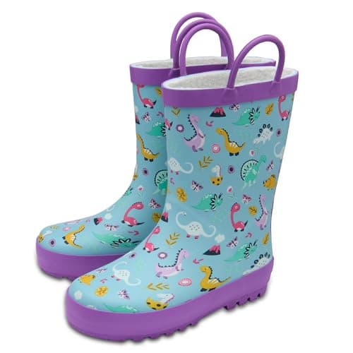 Image of NorthSole Girls Fleece Lined Rubber Wellies with Handles - Dinosaur - UK 10