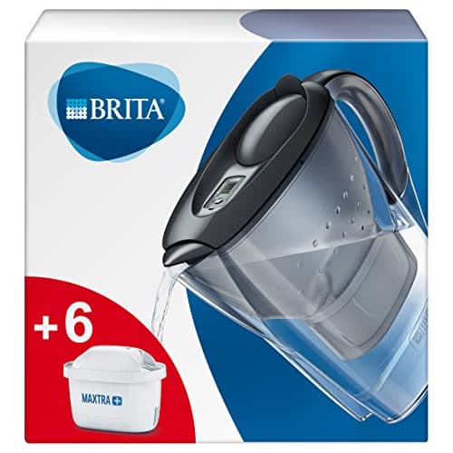 Image of BRITA Marella fridge water filter jug, 2.4L - Graphite. Half year pack, Includes 6 x MAXTRA+ filter cartridges for reduction of chlorine,limescale and impurities-now in sustainable Smart Box packaging
